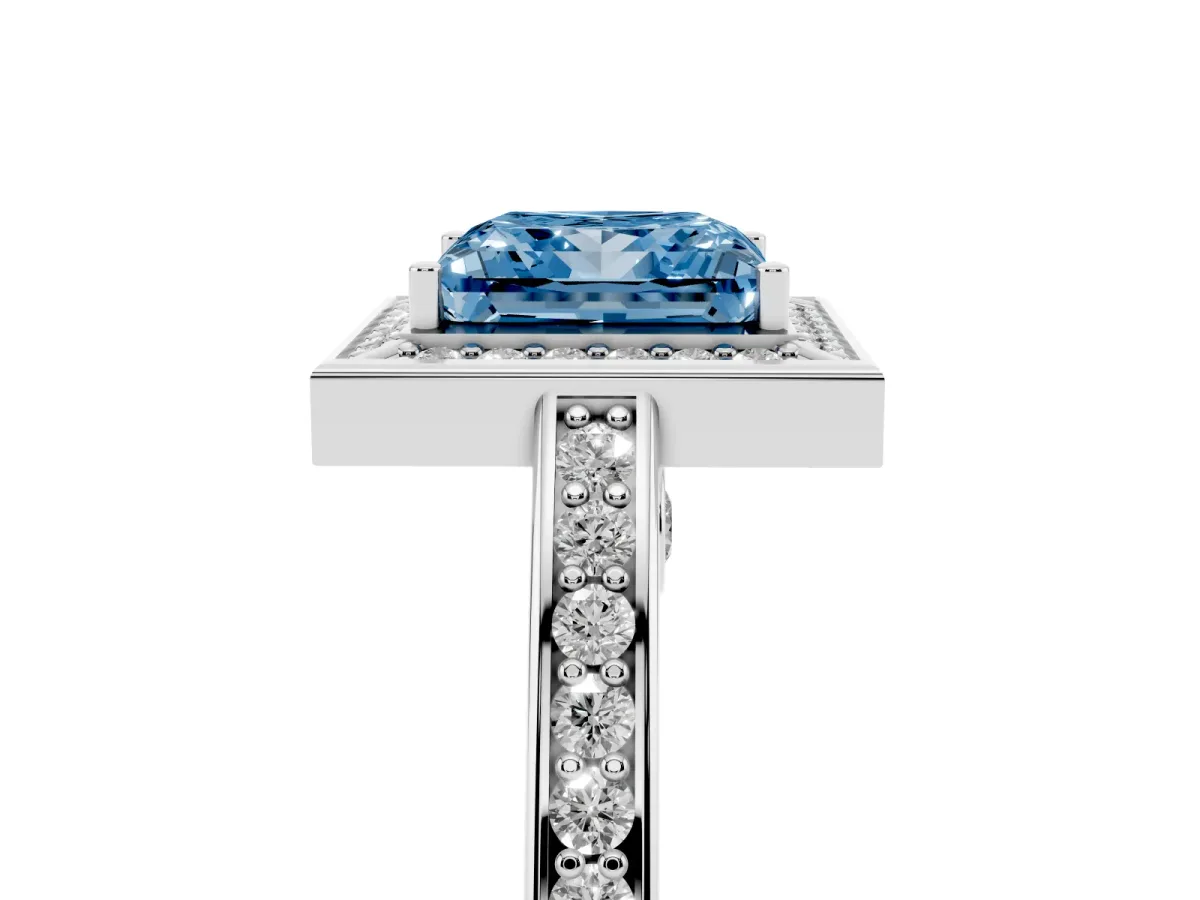 Fancy Blue Princess Cut Cut Halo Pave Split Shank Prong Setting Ring Silver