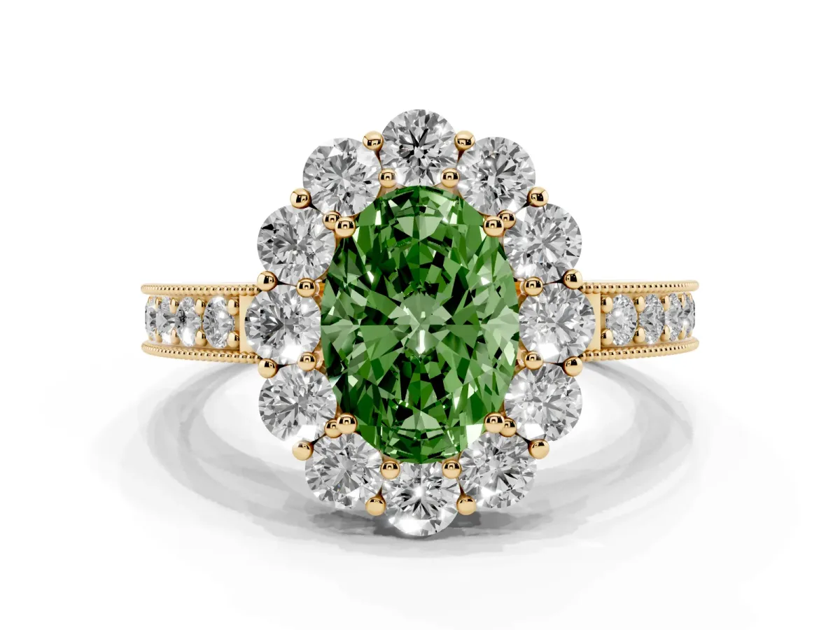 Fancy Green Oval Cut Cut Halo Diamond Pavé Engagement Ring with Milgrain Detailing Yellow gold