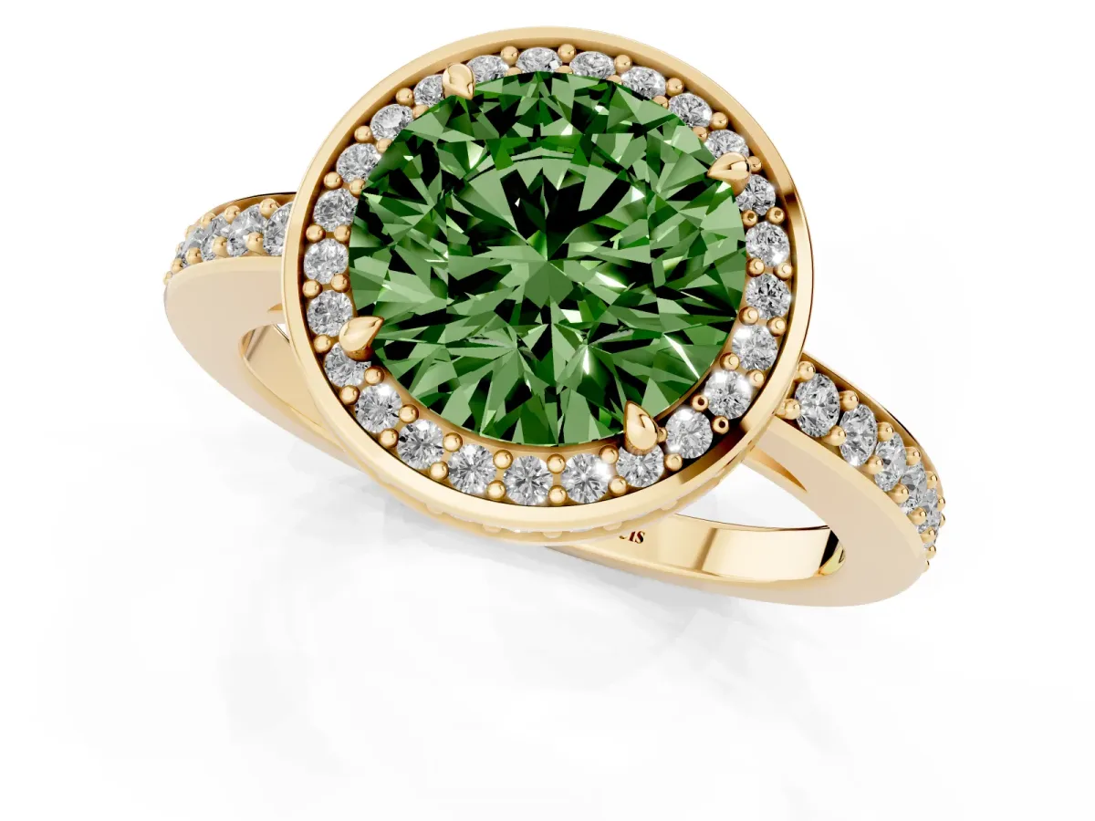 Fancy Green Round Cut Halo Pave Band Solitaire Ring with Prong Setting Yellow gold