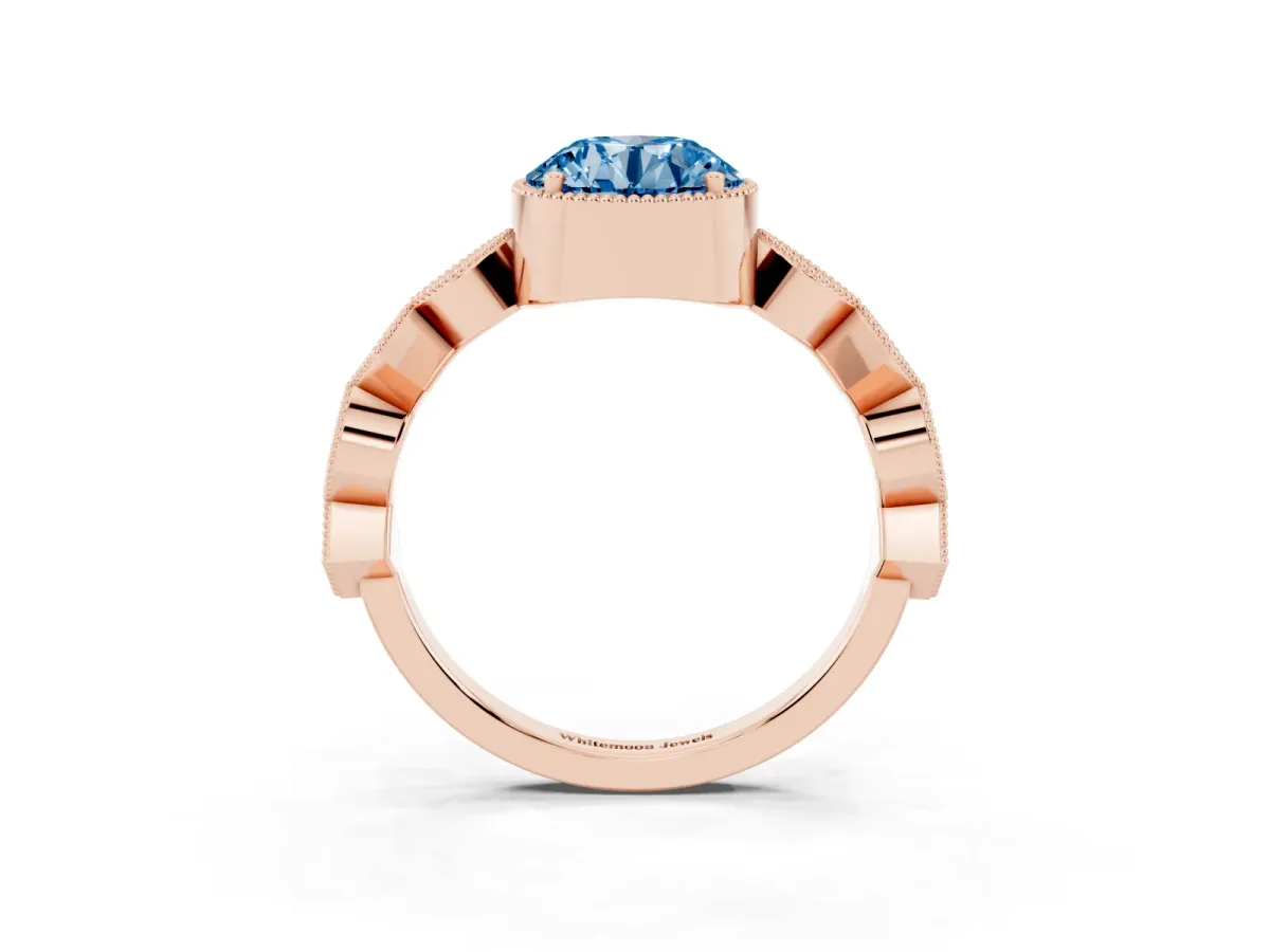 Fancy Blue Round Cut Milgrain Marquise Diamond Twist Band Ring Rose gold