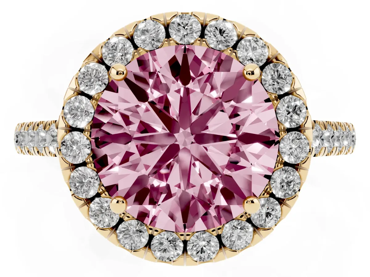 Fancy Pink Round Cut Halo Pavé Diamond Engagement Ring with Four-Prong Setting Yellow gold