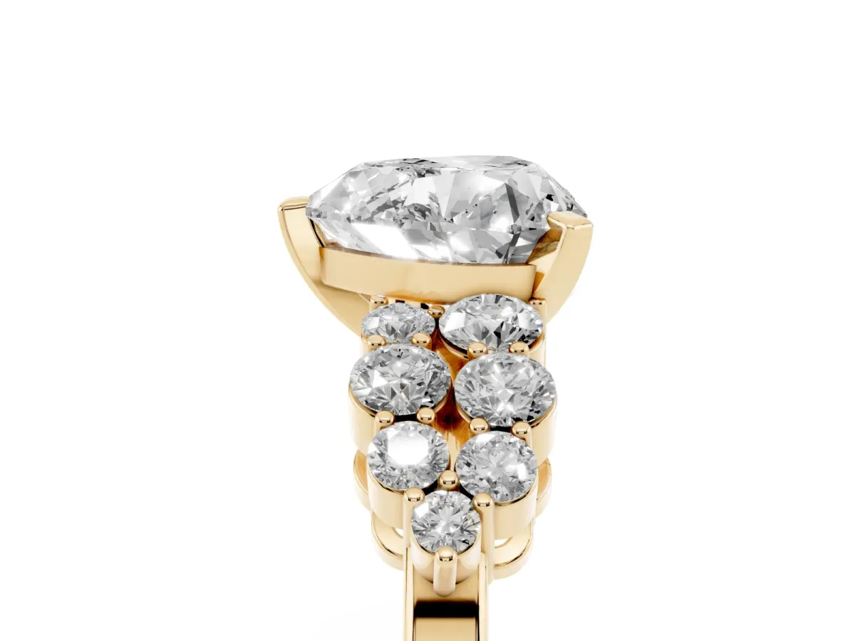 Heart Cut Cluster Diamond Engagement Ring with Pavé Band and Four-Prong Setting Yellow gold