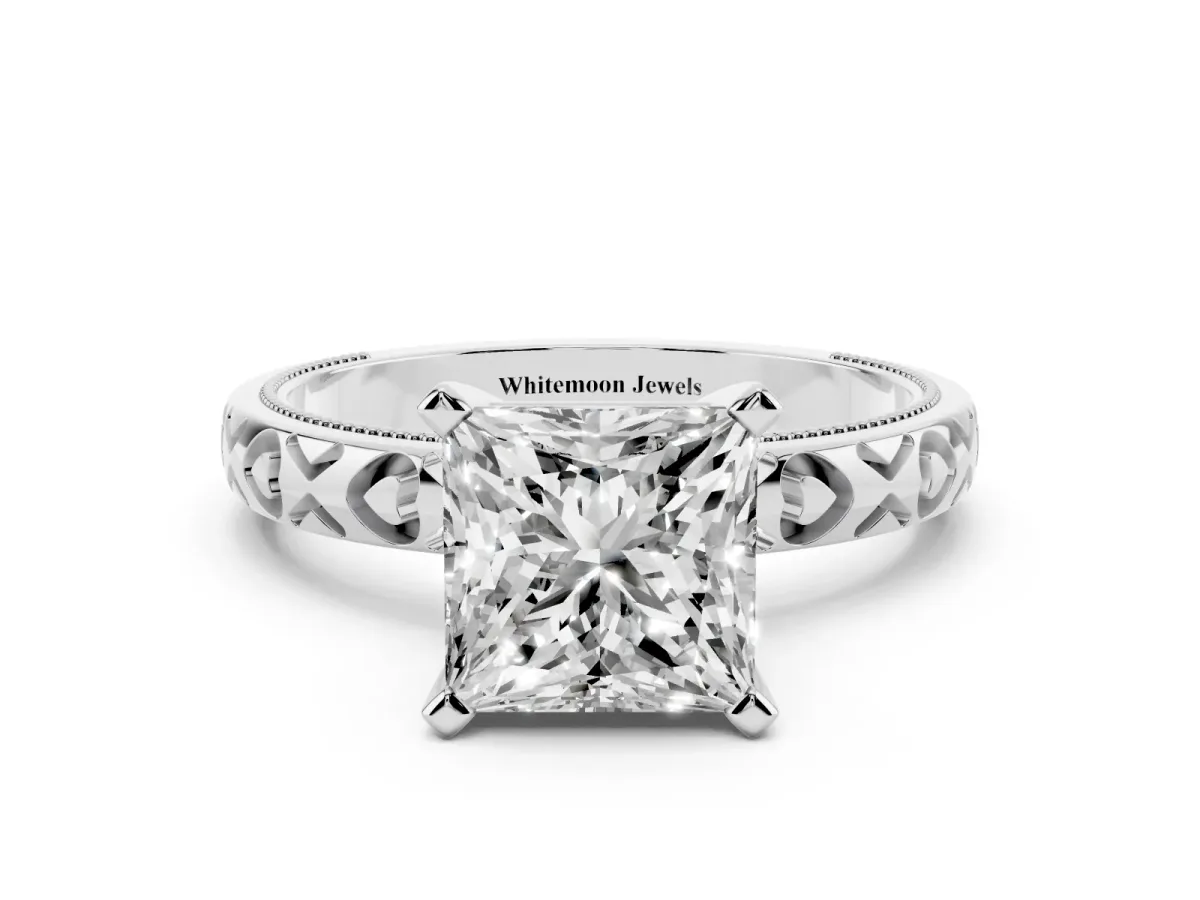 Princess Cut Solitaire Diamond Engagement Ring with XO Engraved Band and Four-Prong Setting White gold