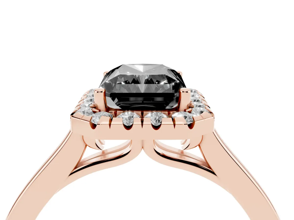 Fancy Black Radiant Cut Halo Round Diamond Solitaire Ring with Pavé Band and Four-Prong Setting Rose gold