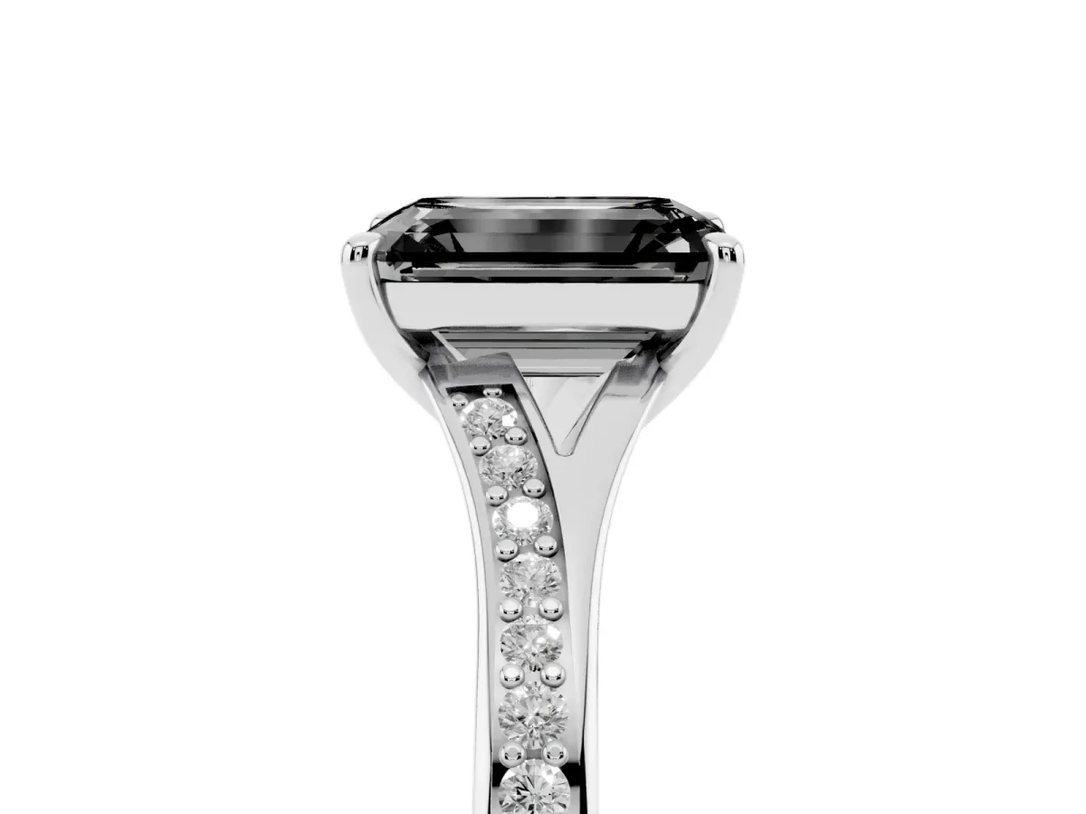 Fancy Black Emerald Cut Diamond Solitaire Ring with Pavé Band and Prong Setting Silver