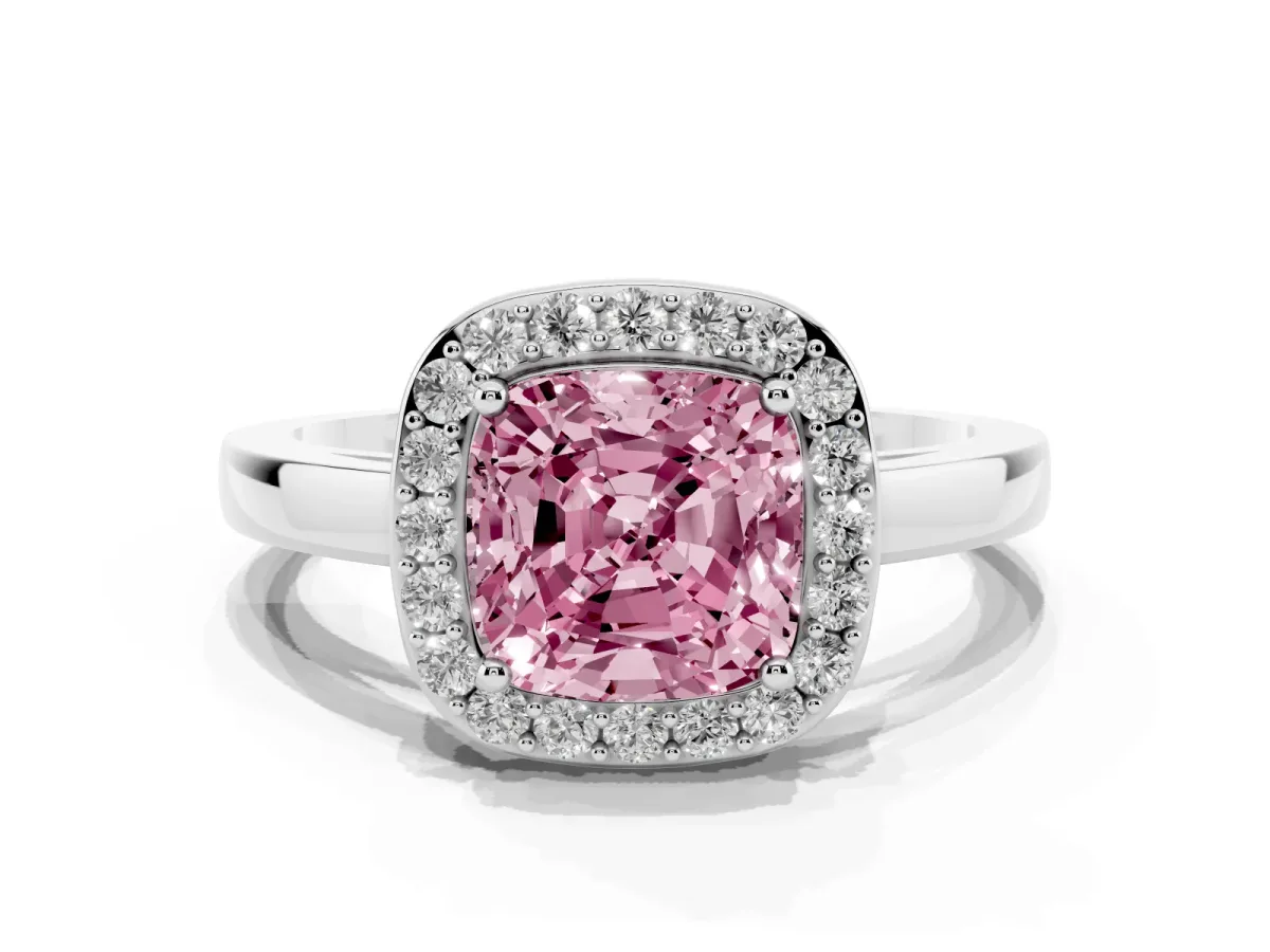 Fancy Pink Cushion Cut Halo Diamond Ring with Solitaire Band and Prong Setting Silver