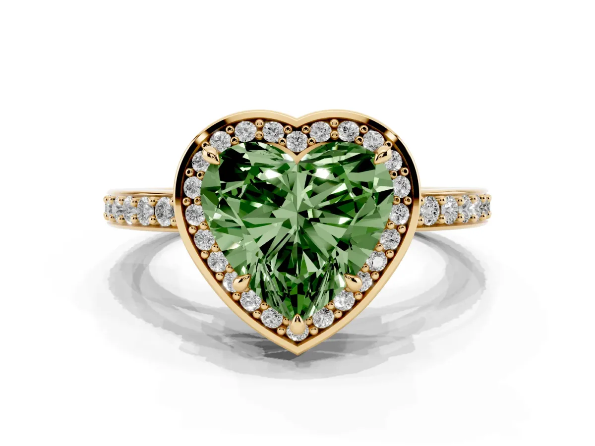 Fancy Green Heart Cut Halo Pave Band Solitaire Ring with Prong Setting Yellow gold