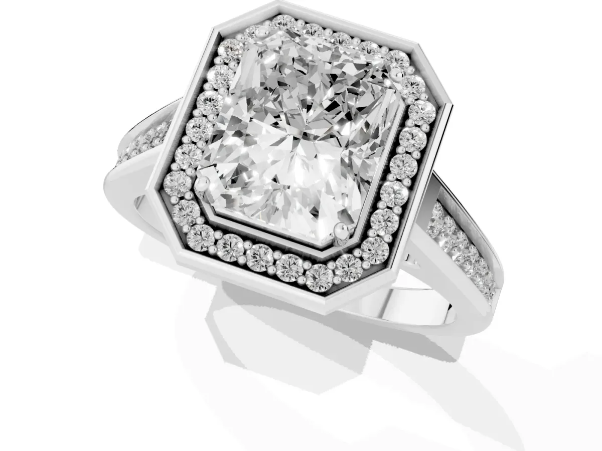 Emerald Cut Halo Solitaire Diamond Ring with Pave Band and Bezel Setting Silver