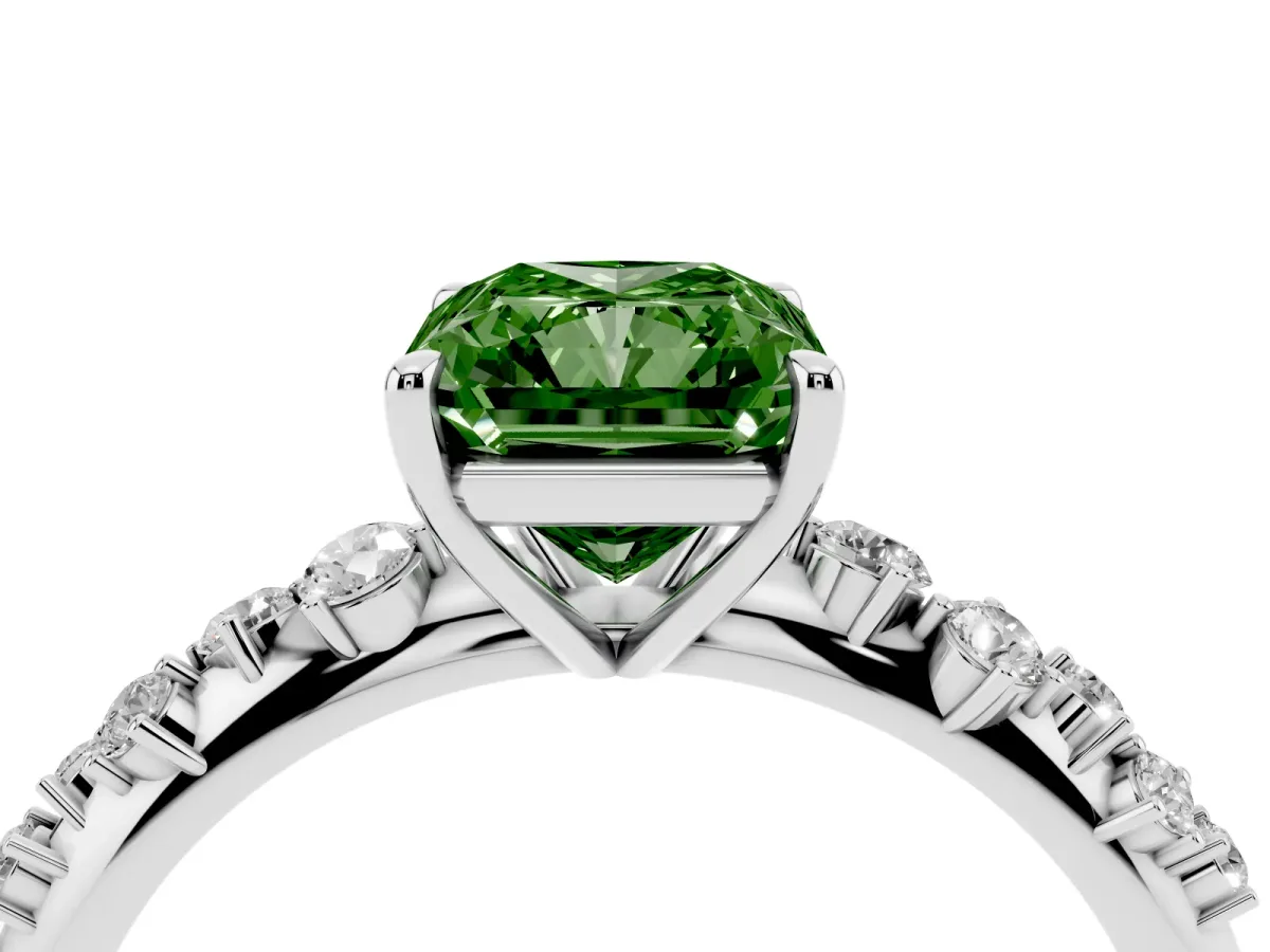 Fancy Green Radiant Cut Diamond Cluster Side Stone Solitaire Ring with Prong Setting Platinum