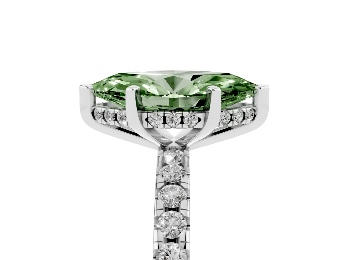 Fancy Green Marquise Cut Diamond Solitaire Ring with Round Pavé Band and Four-Prong Setting Silver