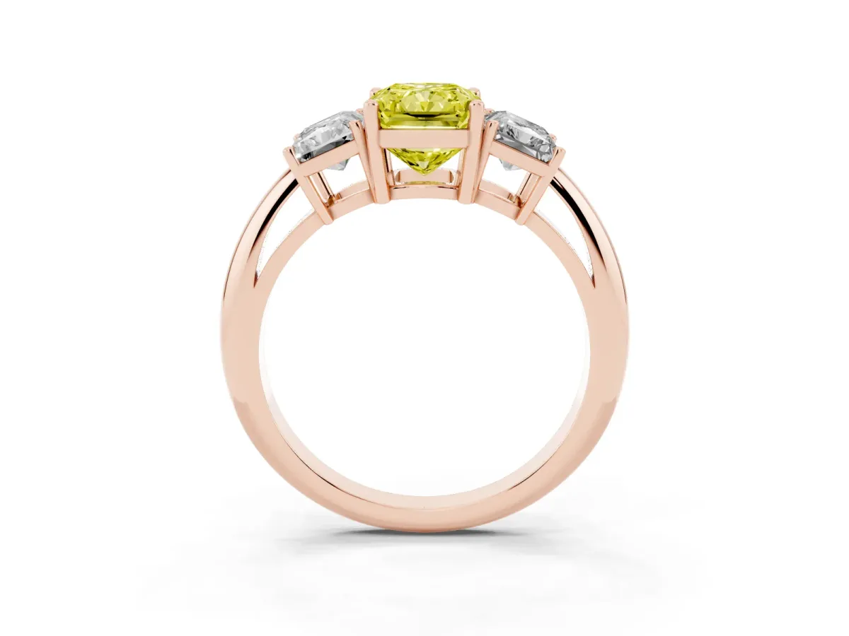 Fancy Yellow Three-Stone Radiant Cut Cut Diamond Engagement Ring with Prong Setting on a White Gold Band Rose gold