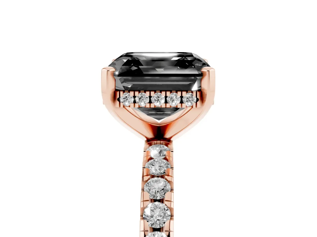 Fancy Black Asscher Cut Diamond Solitaire Ring with Round Pavé Band and Four-Prong Setting Rose gold