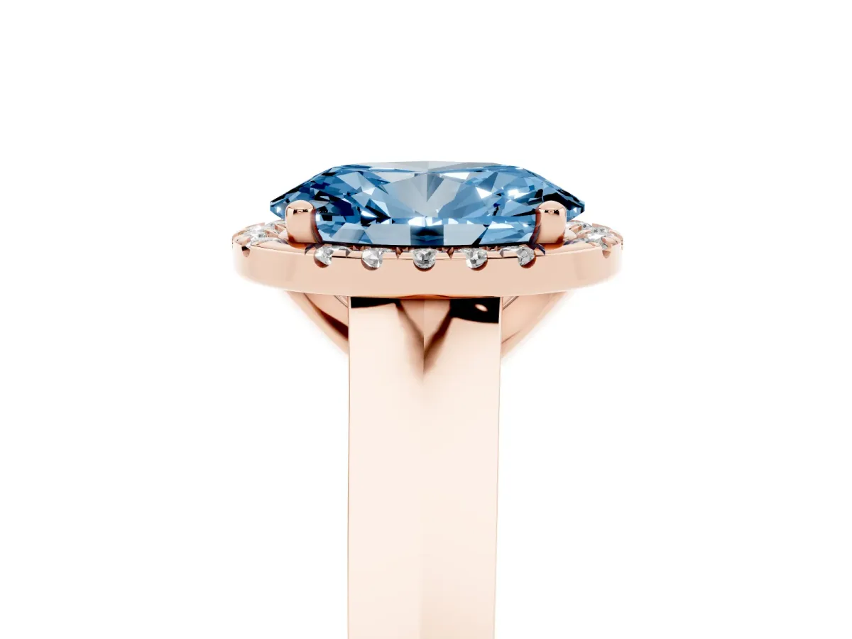 Fancy Blue Oval Cut Halo Diamond Ring with Cathedral Band and Four-Prong Setting Rose gold