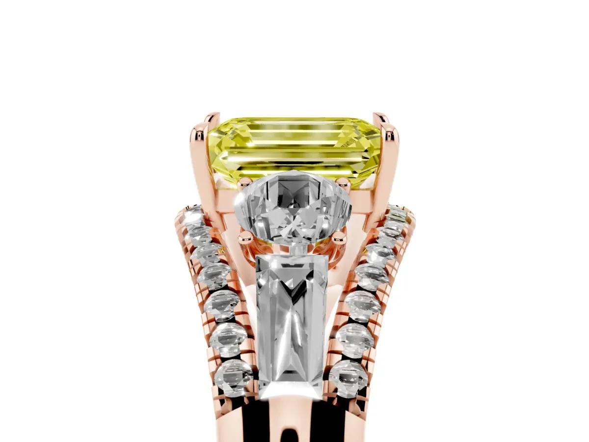 Fancy Yellow Three-Stone Emerald Cut Diamond Engagement Ring with Pave Band and Prong Setting Rose gold