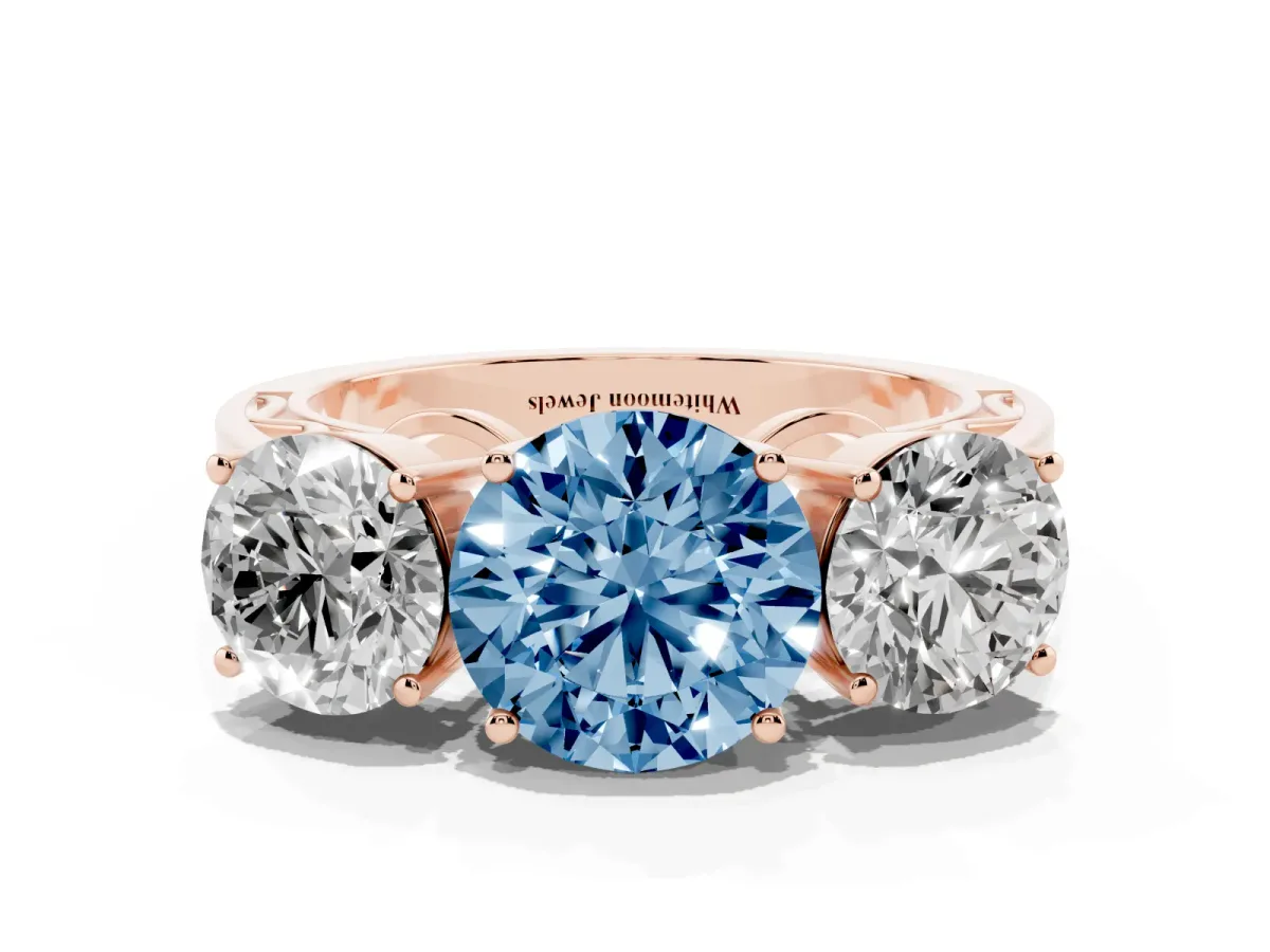 Fancy Blue Round Cut Diamond Three-Stone Ring with Prong Setting and Textured Band Rose gold