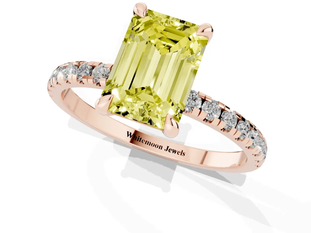 Fancy Yellow Emerald Cut Diamond Brilliant Solitaire Ring with Pavé Band and Four-Prong Setting Rose gold