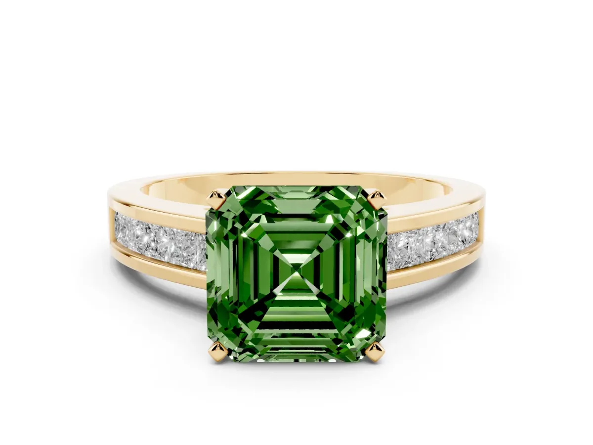 Fancy Green Asscher Cut Solitaire Diamond Ring with Channel-Set Band and Four-Prong Setting Yellow gold