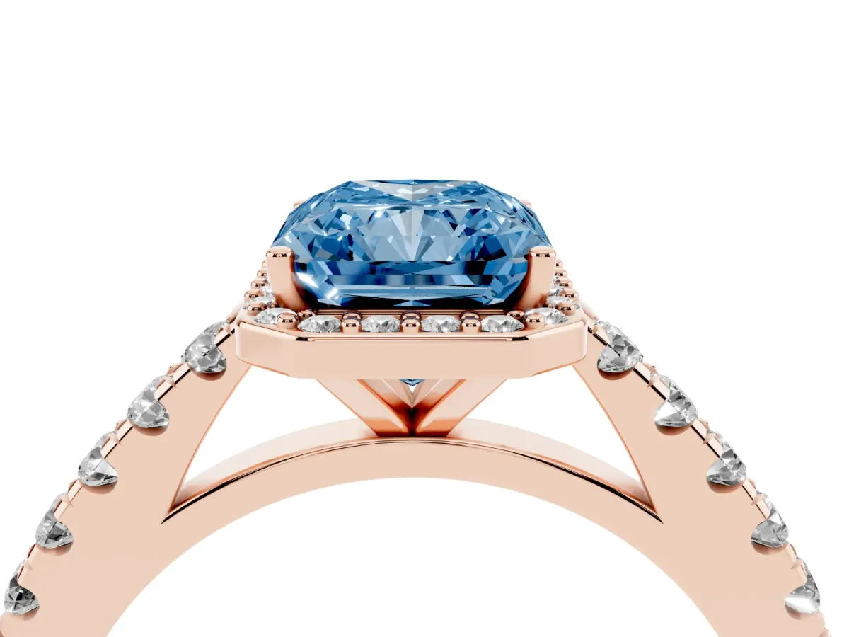 Fancy Blue Radiant Cut Cut Halo Diamond Engagement Ring with Pave Band and Four-Prong Setting Rose gold