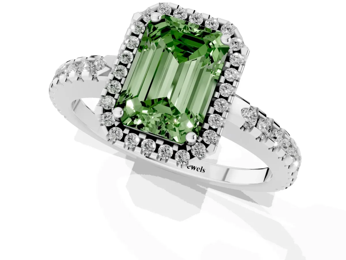Fancy Green Emerald Cut Diamond Halo Engagement Ring with Pavé Band and Prong Setting Platinum