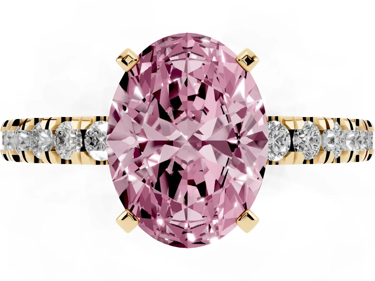 Fancy Pink Oval Cut Solitaire Diamond with Pavé Band and Four-Prong Setting Yellow gold