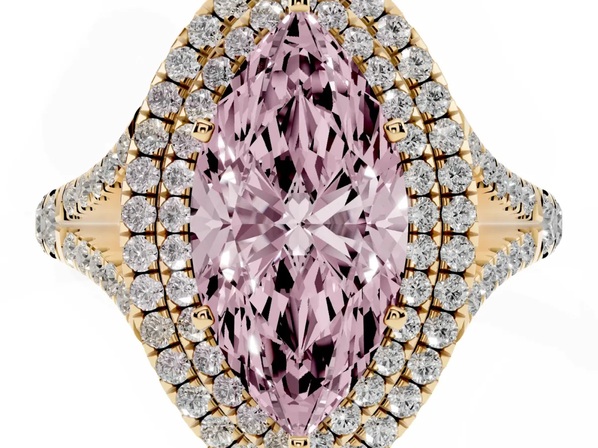 Fancy Pink Marquise Cut Cut Double Halo Split Shank Diamond Ring with Prong Setting Yellow gold