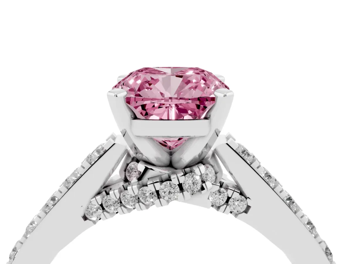 Fancy Pink Cushion Cut Diamond Solitaire Ring with Crossover Gallery and Round Pavé Band White gold