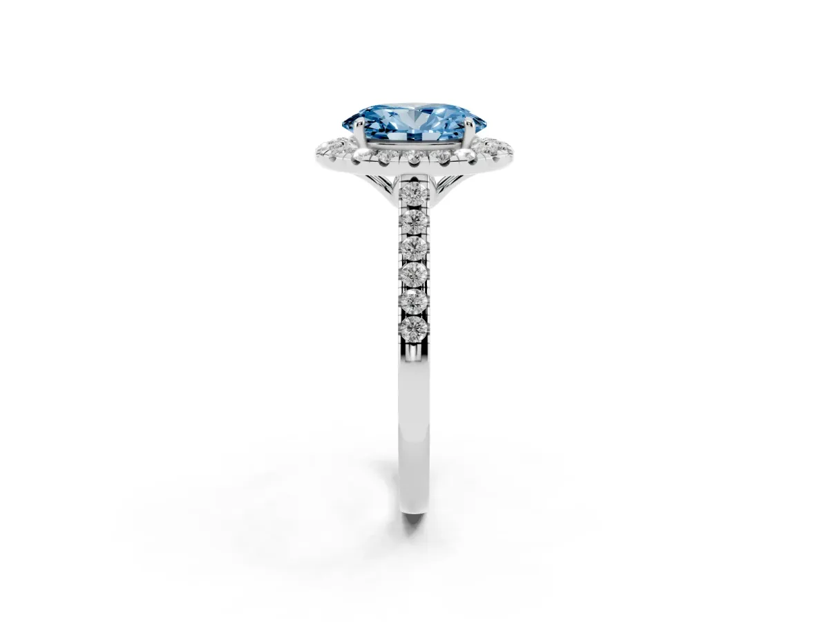 Fancy Blue Oval Cut Halo Pavé Diamond Engagement Ring with Four-Prong Setting Silver