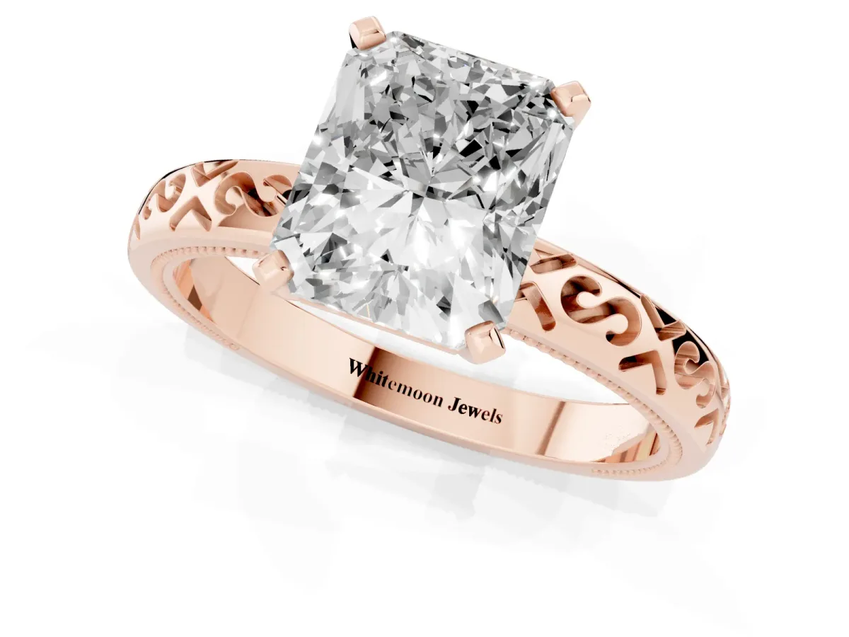 Radiant Cut Solitaire Engagement Ring with Scrollwork Band and Four-Prong Setting Rose gold