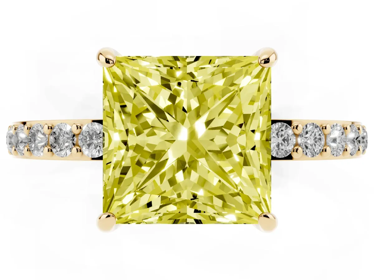 Fancy Yellow Princess Cut Diamond Pavé Engagement Ring with Round Accents and Prong Setting Yellow gold