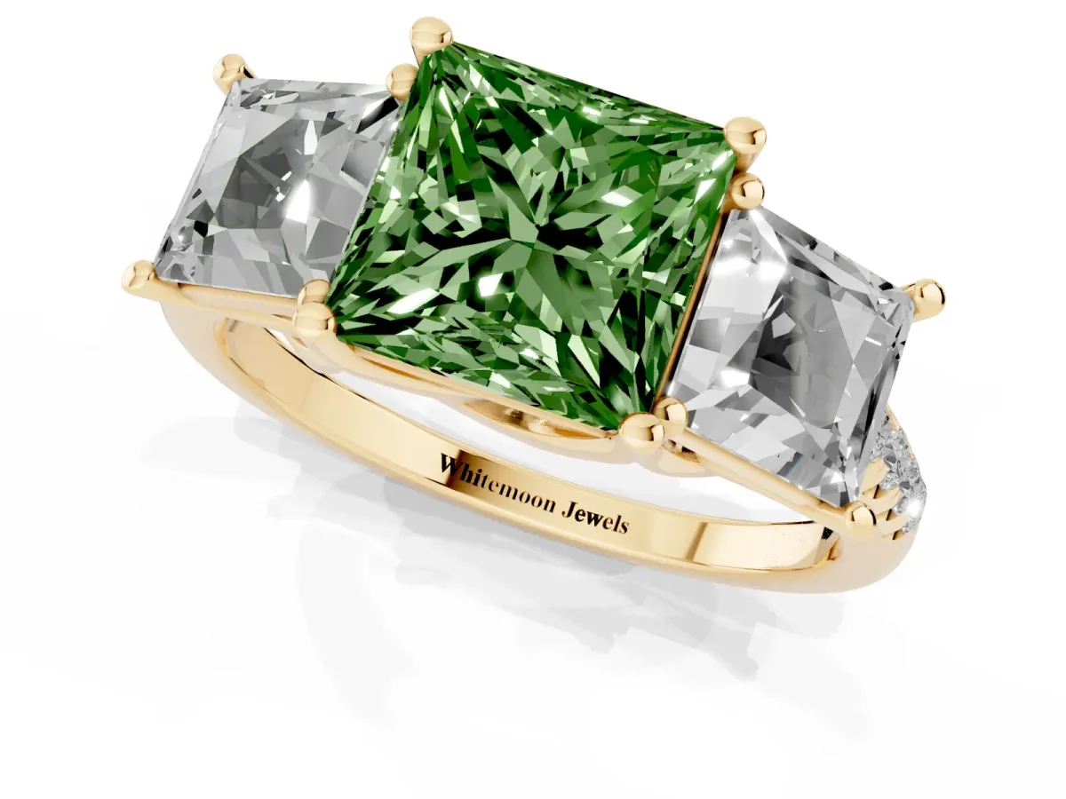 Fancy Green Three-Stone Princess Cut Diamond Ring with Round Pavé Band and Prong Setting Yellow gold