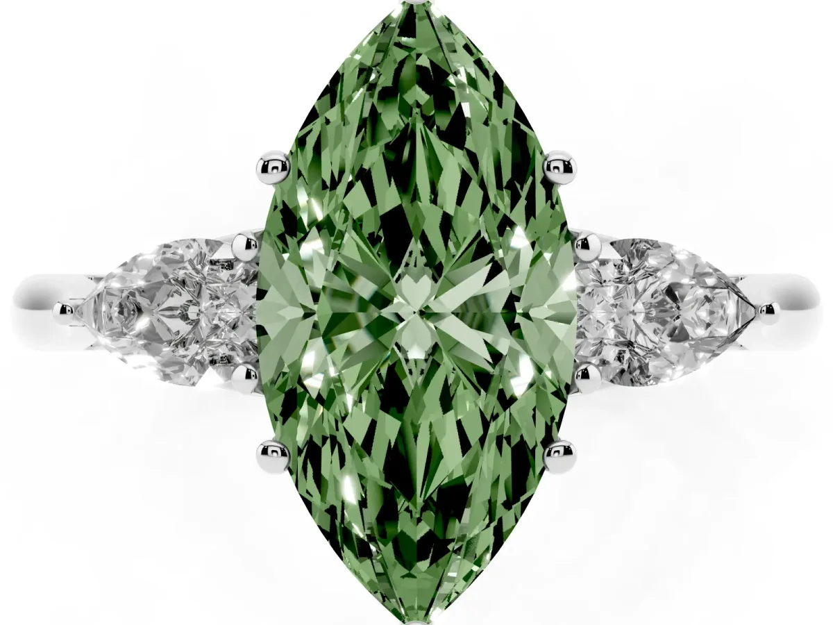 Fancy Green Three-Stone Marquise Cut Diamond Ring with Pear Side Stones in Four-Prong Setting Silver