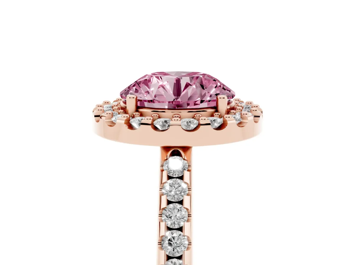 Fancy Pink Round Cut Diamond Pavé Halo Ring with Four-Prong Setting Rose gold