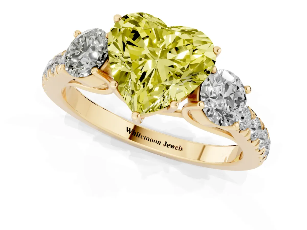 Fancy Yellow Heart Cut Cut Diamond Three-Stone Ring with Round Side Stones and Pavé Band Yellow gold