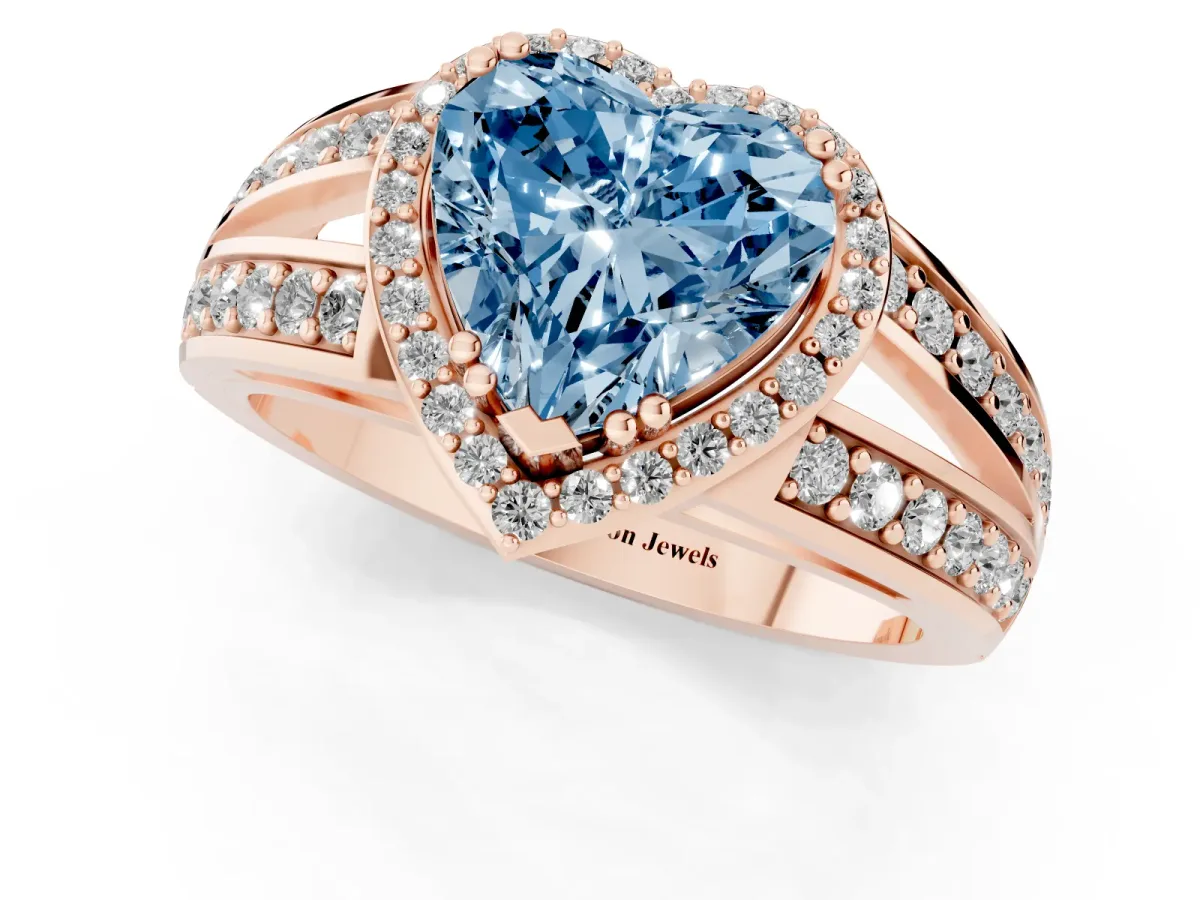 Fancy Blue Heart Cut Diamond Halo Ring with Split Shank Pavé Band and Four-Prong Setting Rose gold