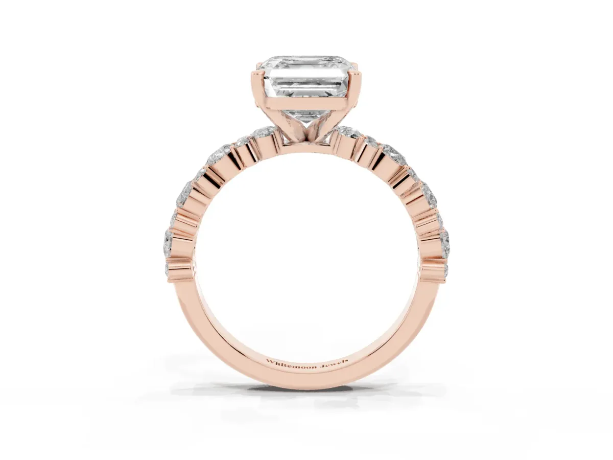 Asscher Cut Diamond Side Stone Solitaire Ring with Round and Four-Prong Setting Rose gold