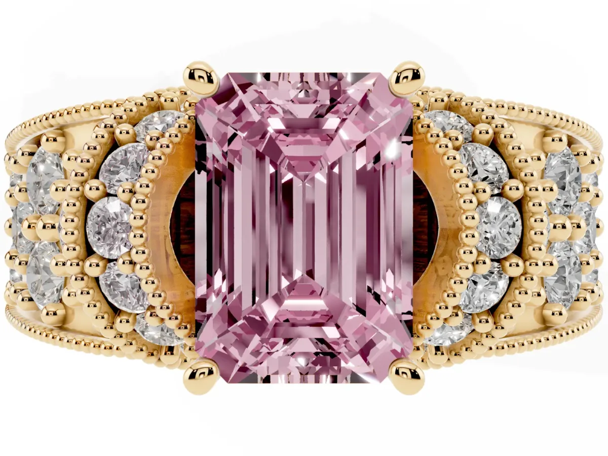 Fancy Pink Emerald Cut Halo Pave Diamond Engagement Ring with Milgrain Detailing Yellow gold