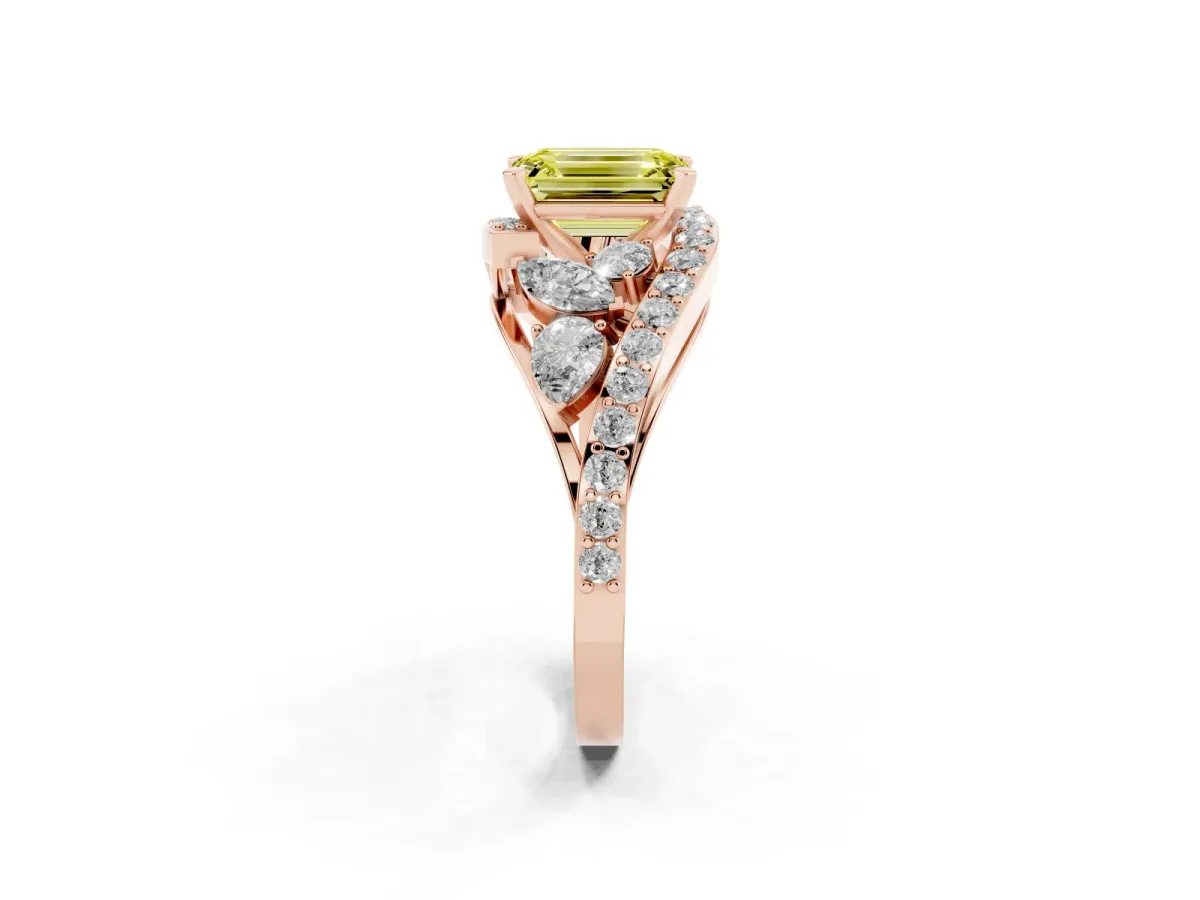 Fancy Yellow Emerald Cut Diamond Halo Ring with Marquise and Pavé Band in Prong Setting Rose gold