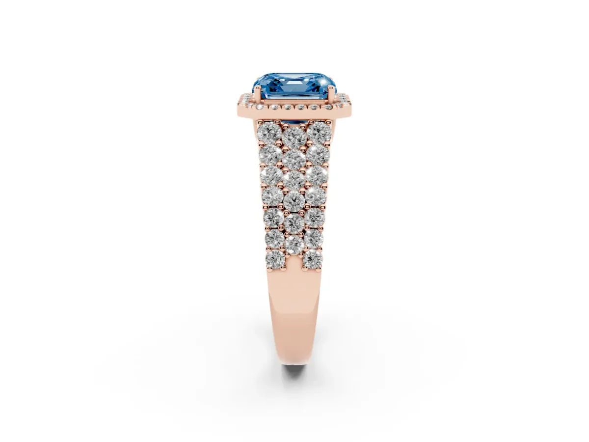 Fancy Blue Asscher Cut Diamond Halo Engagement Ring with Triple Row Round Pavé Band and Prong Setting Rose gold