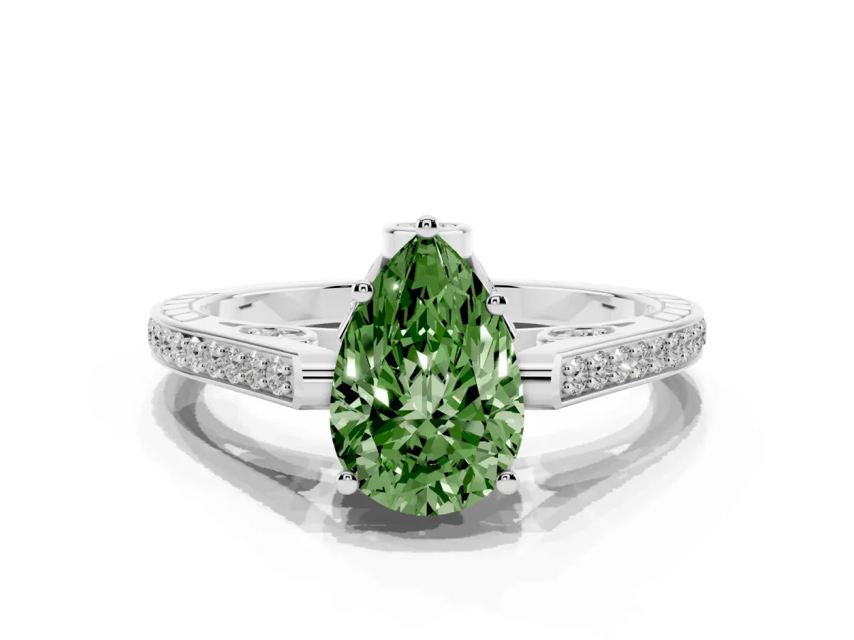 Fancy Green Pear Cut Cut Cathedral Pave Diamond Engagement Ring with Six-Prong Setting Silver