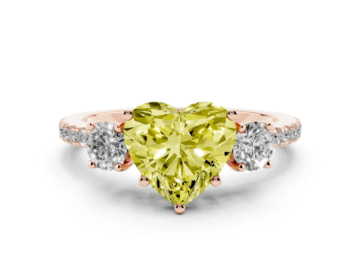 Fancy Yellow Three-Stone Heart Cut Cut Diamond Pavé Band with Prong Setting Rose gold