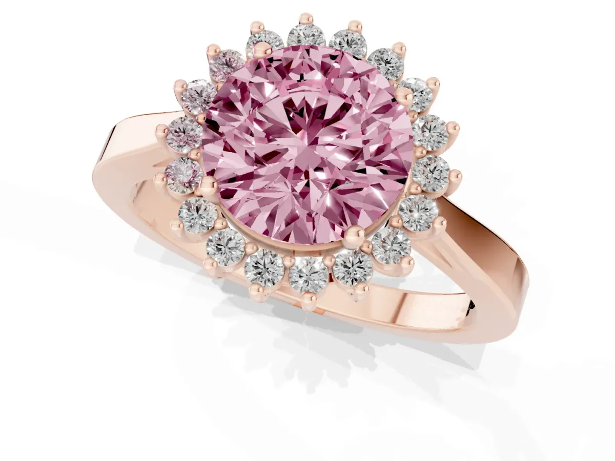 Fancy Pink Round Cut Cut Diamond Halo Ring with Round Brilliant Halo and Solitaire Band Rose gold
