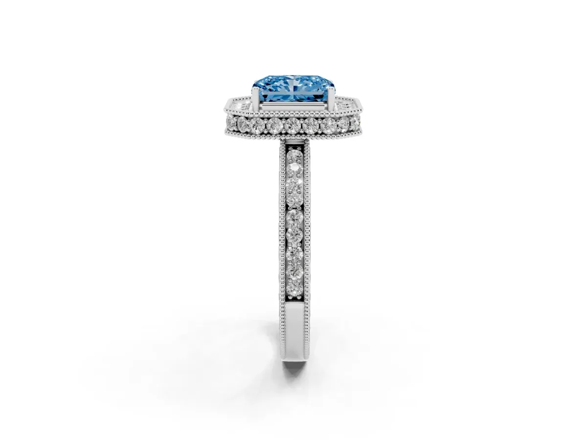 Fancy Blue Radiant Cut Diamond Milgrain Halo Engagement Ring with Round Pavé Band and Prong Setting Platinum