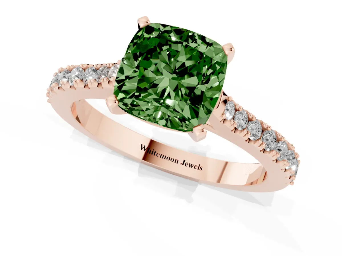 Fancy Green Cushion Cut Cut Solitaire Diamond Engagement Ring with Pave Band and Four-Prong Setting Rose gold