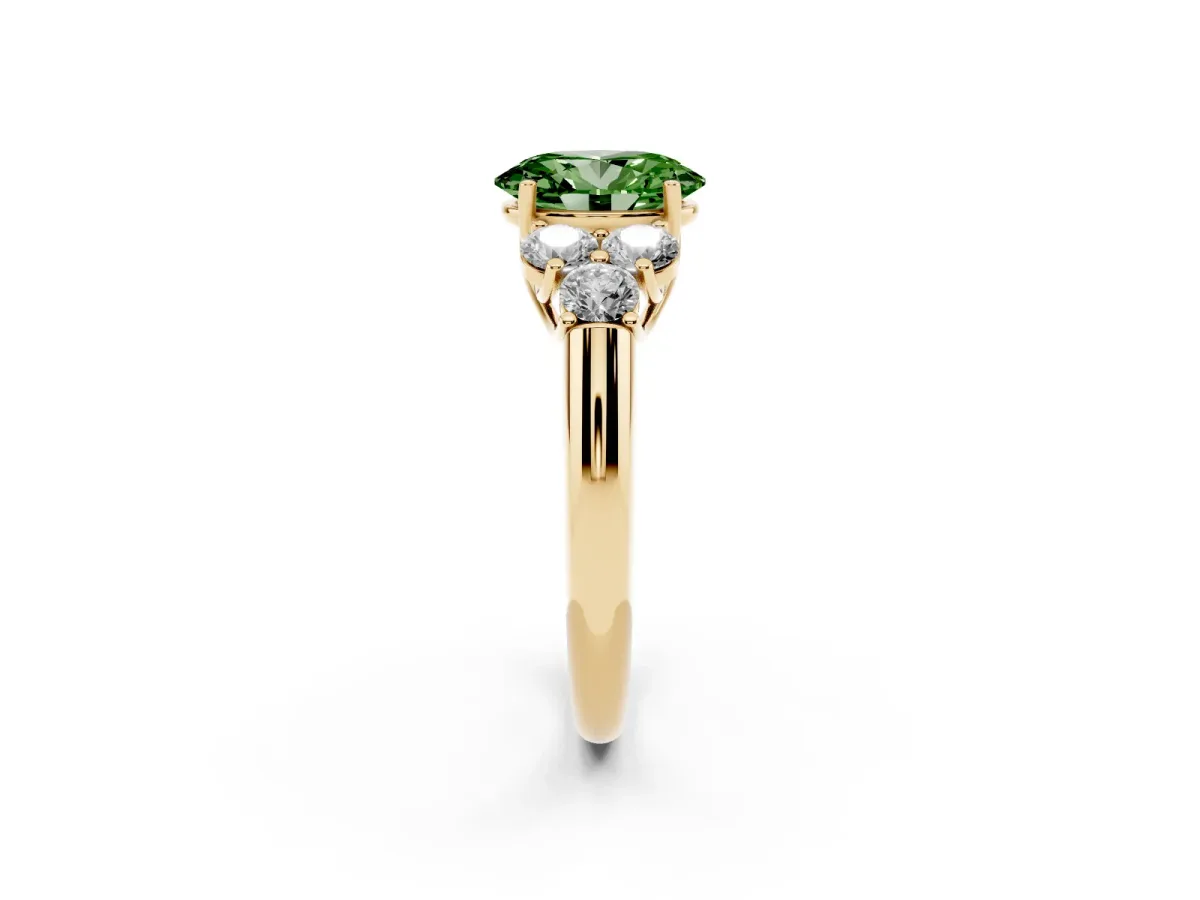 Fancy Green Oval Cut Cut Diamond Cluster Ring with Round Accent Stones and Prong Setting on a Classic Band Yellow gold