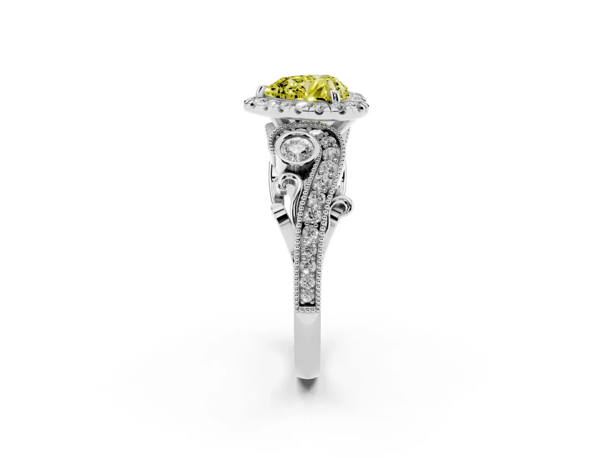 Fancy Yellow Heart Cut Diamond Halo Ring with Milgrain Pavé Band and Four-Prong Setting Platinum