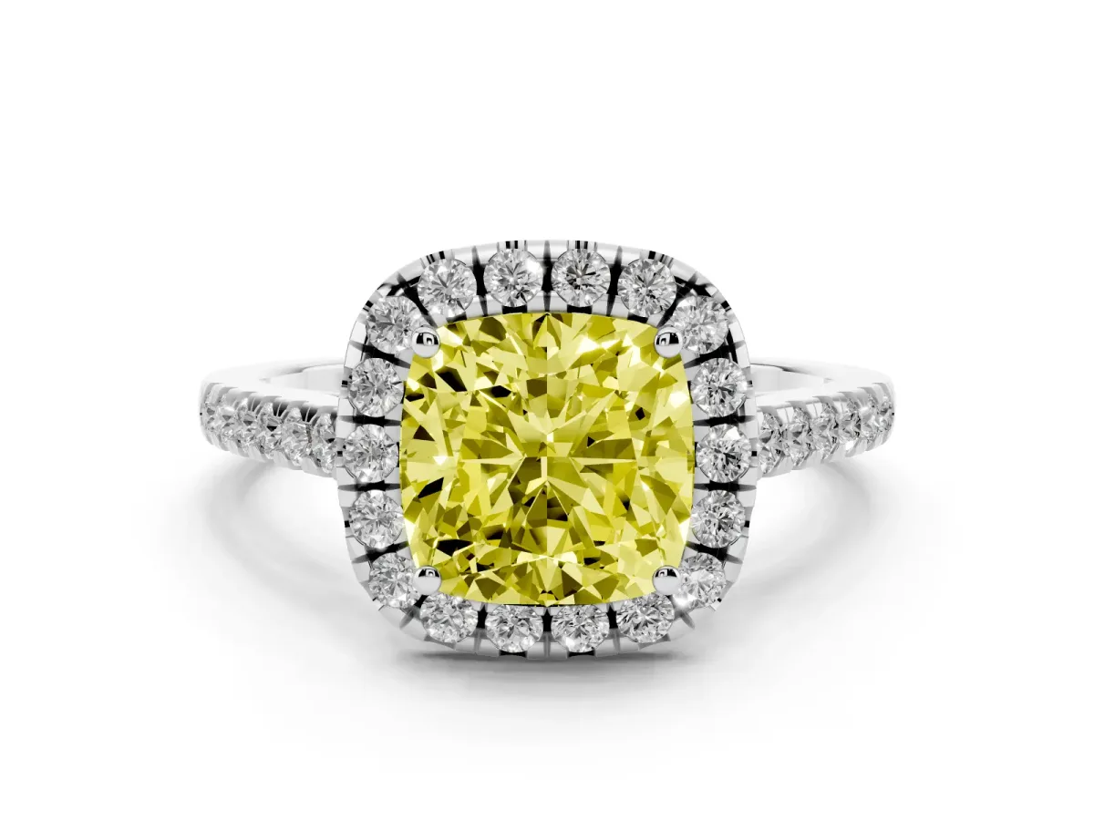 Fancy Yellow Cushion Cut Halo Pavé Diamond Engagement Ring with Four-Prong Setting Silver