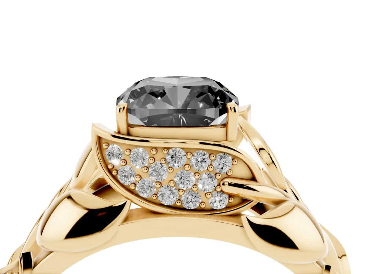 Fancy Black Cushion Cut Diamond Leaf-Inspired Engagement Ring with Round Accents and Prong Setting Yellow gold