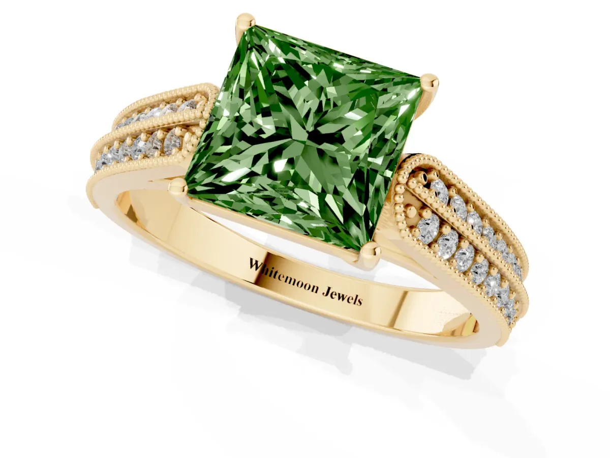 Fancy Green Princess Cut Cut Pave Split Shank Engagement Ring with Four-Prong Setting Yellow gold
