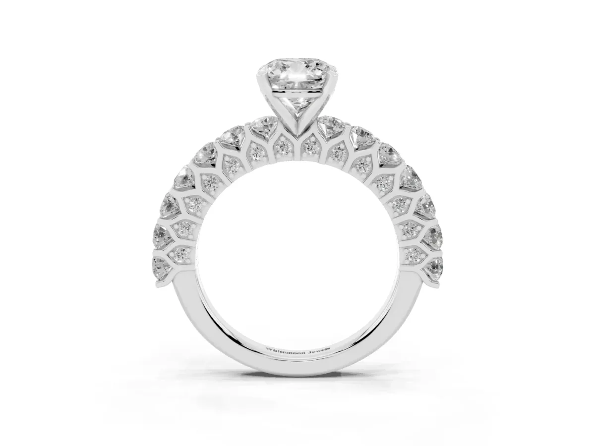 Cushion Cut Diamond Solitaire Ring with Shared Prong Pavé Band and Four-Prong Setting Silver
