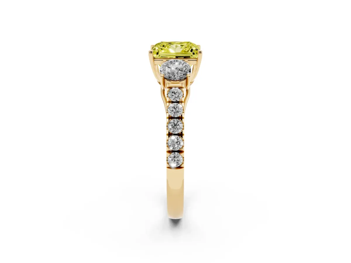 Fancy Yellow Princess Cut Cut Diamond Three-Stone Ring with Round Side Stones and Pavé Band Yellow gold